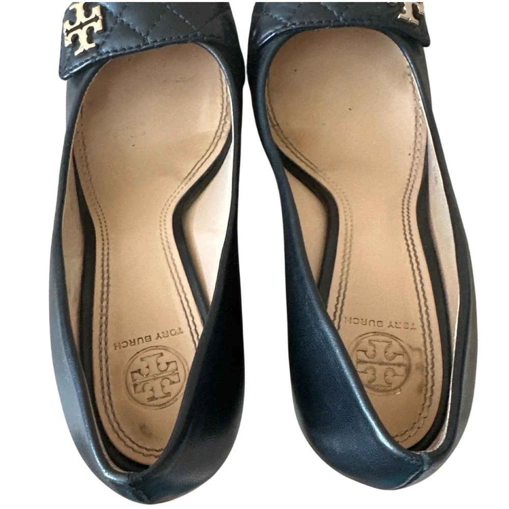 Tory Burch Marion Quilted Leather Wedge Pumps Black Gold Logo Size 8.5